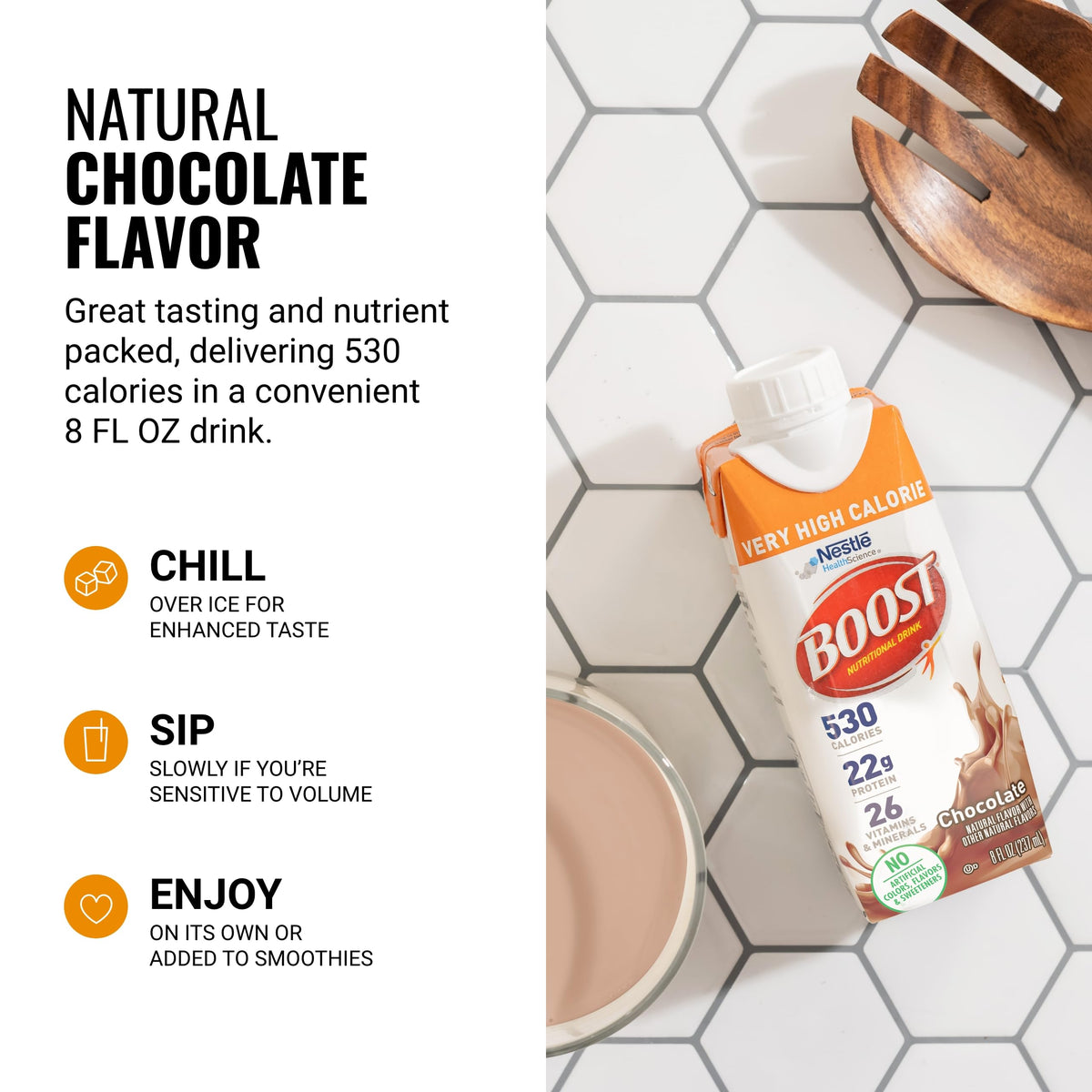 BOOST High-Calorie Shake bottle on table, ideal post-workout nutrition.