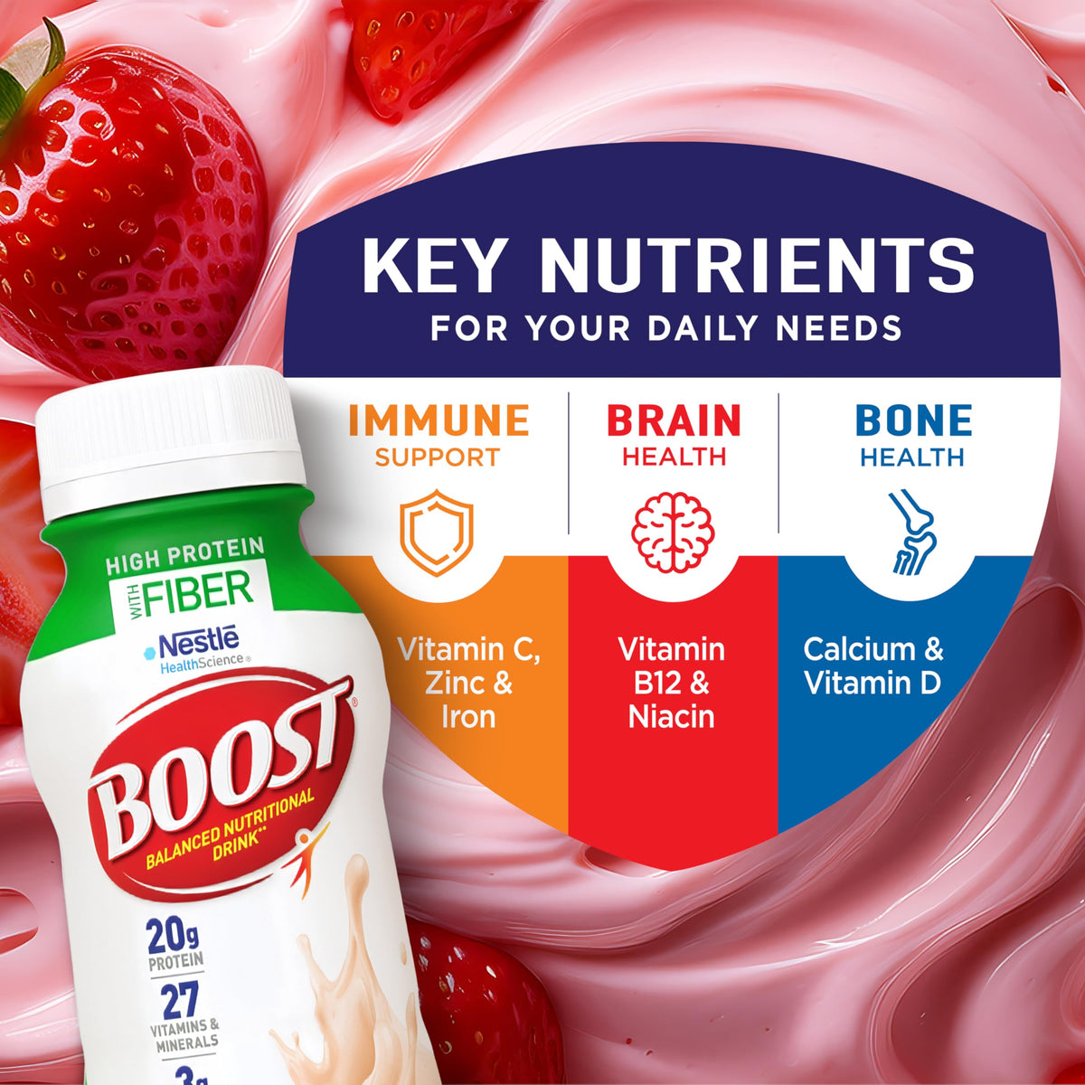 BOOST High Protein with Fiber label close-up highlighting 20 g protein and 3 g fiber