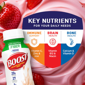 BOOST High Protein with Fiber label close-up highlighting 20 g protein and 3 g fiber
