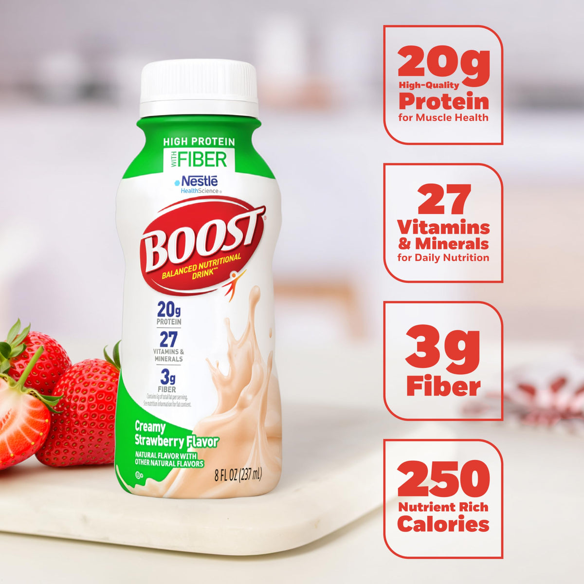 BOOST High Protein with Fiber nutrition panel emphasizing vitamins and minerals