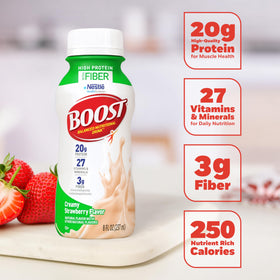 BOOST High Protein with Fiber nutrition panel emphasizing vitamins and minerals
