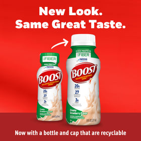 BOOST High Protein with Fiber being poured into a glass for convenient, quick nutrition