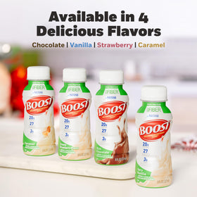 BOOST High Protein with Fiber shake in glass—creamy strawberry texture