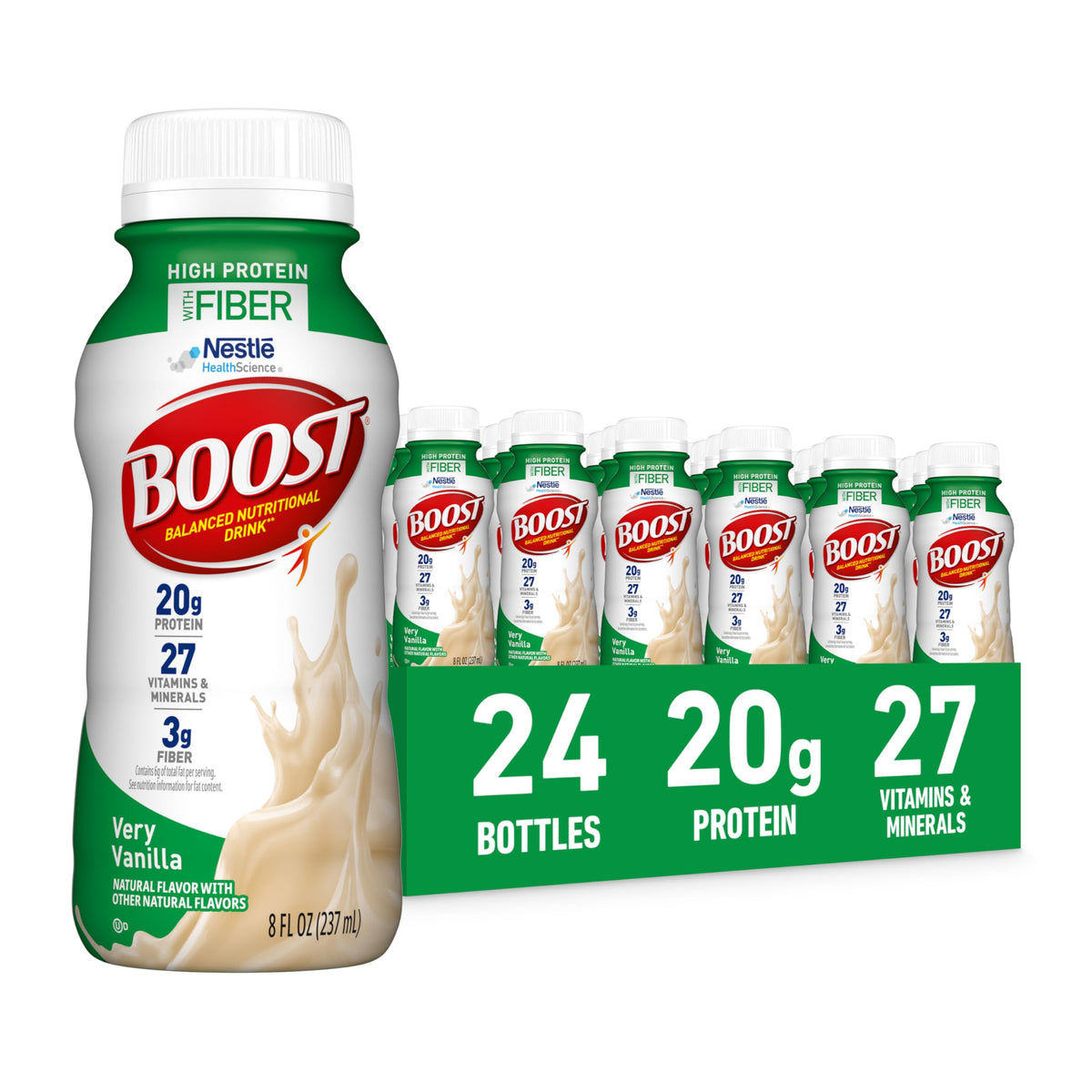 BOOST High Protein with Fiber vanilla bottle for on-the-go nutrition with 20g protein.