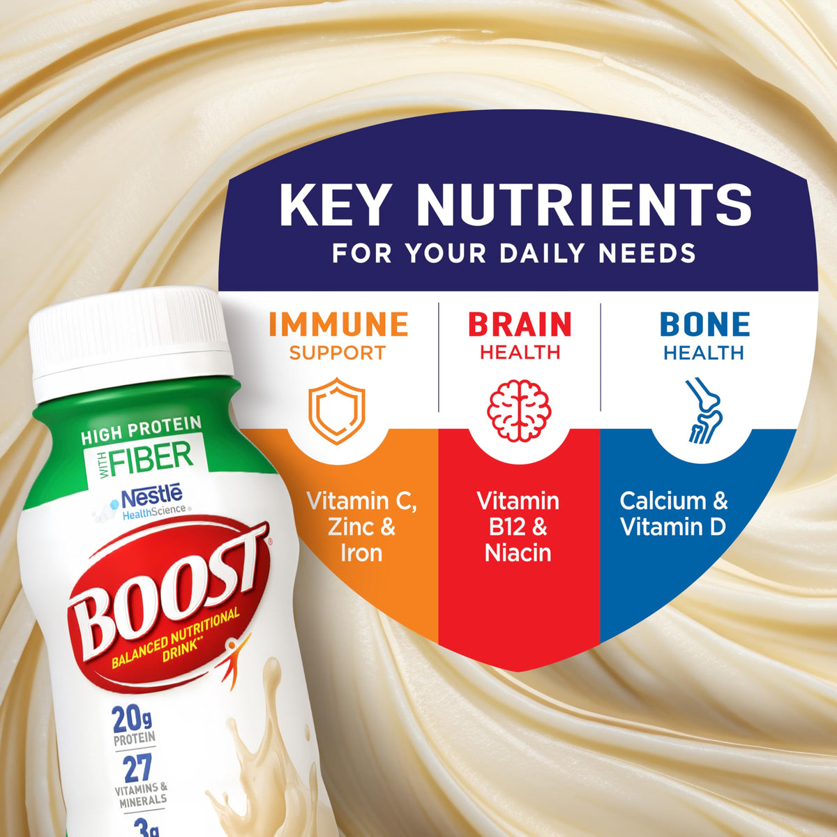 BOOST High Protein with Fiber glass serving shows creamy vanilla shake post-workout.
