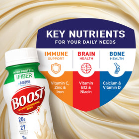 BOOST High Protein with Fiber glass serving shows creamy vanilla shake post-workout.