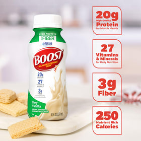 BOOST High Protein with Fiber nutrition panel highlights 20g protein and 3g fiber.