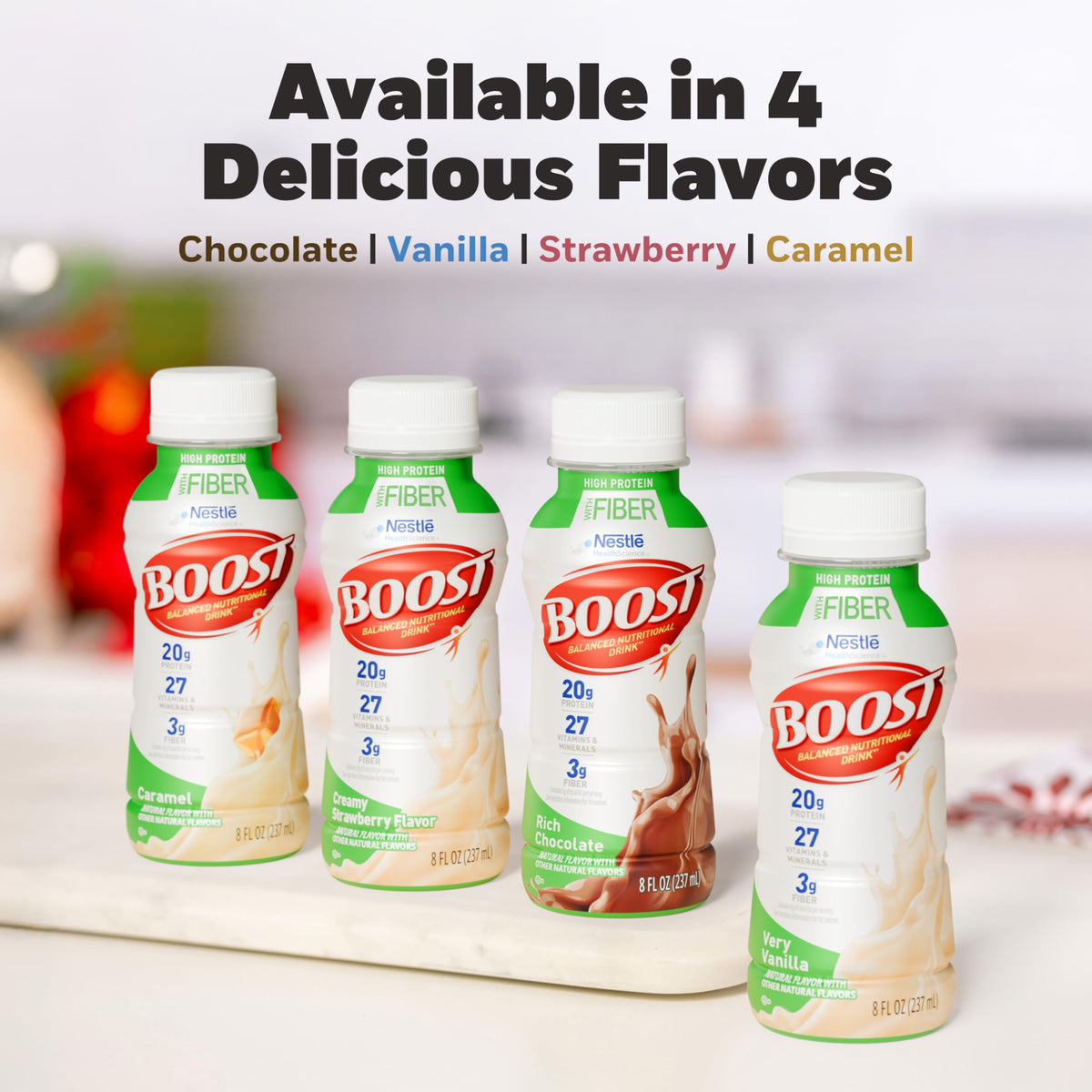 BOOST High Protein with Fiber vanilla scoop demonstrates easy daily protein boost.