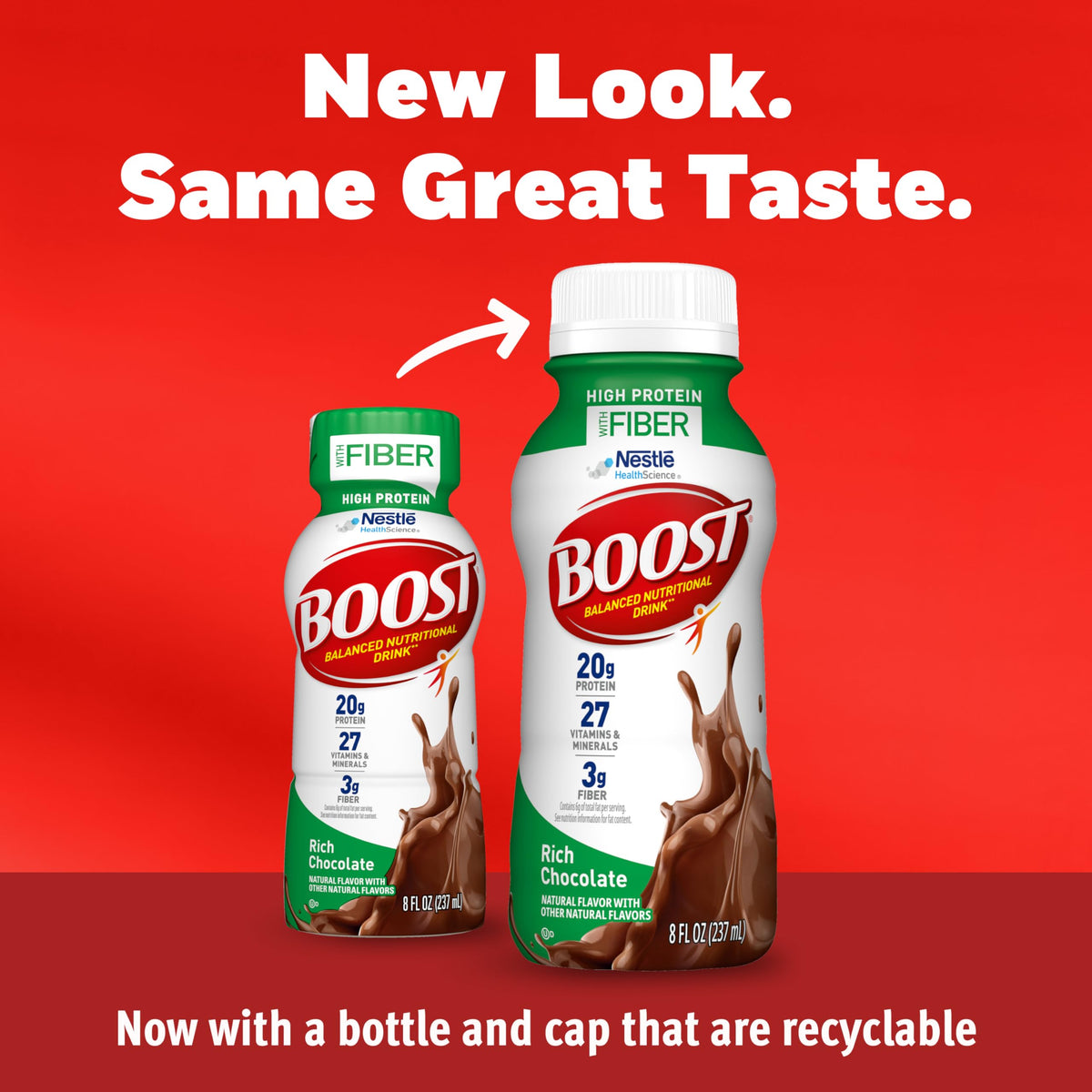 BOOST High Protein with Fiber bottle chocolate sideview emphasizing convenient ready-to-drink protein.