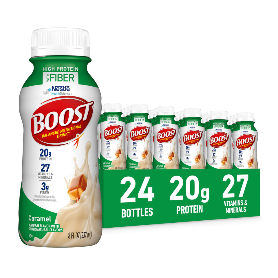 BOOST High Protein with Fiber bottle front showing protein-rich nutrition for energy