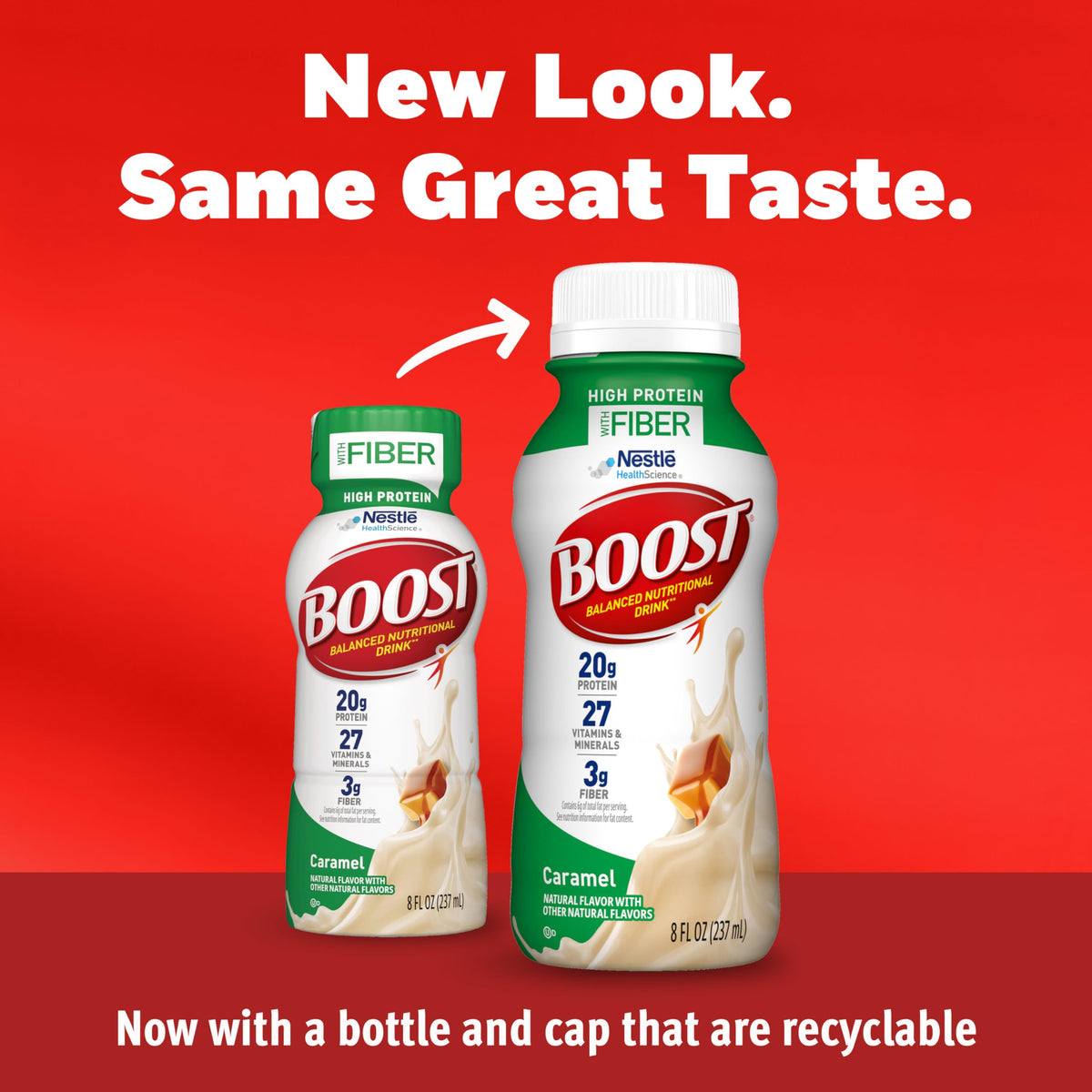 BOOST High Protein with Fiber being poured, ready-to-drink nutrition option on the go