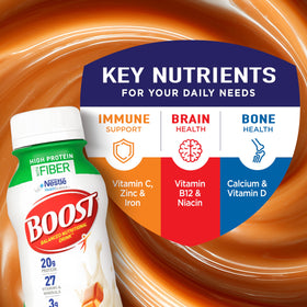 Close-up of BOOST High Protein with Fiber nutrition facts panel highlighting vitamins and minerals
