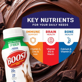 BOOST High Protein with Fiber nutrition-label closeup highlighting protein, fiber, and vitamins.
