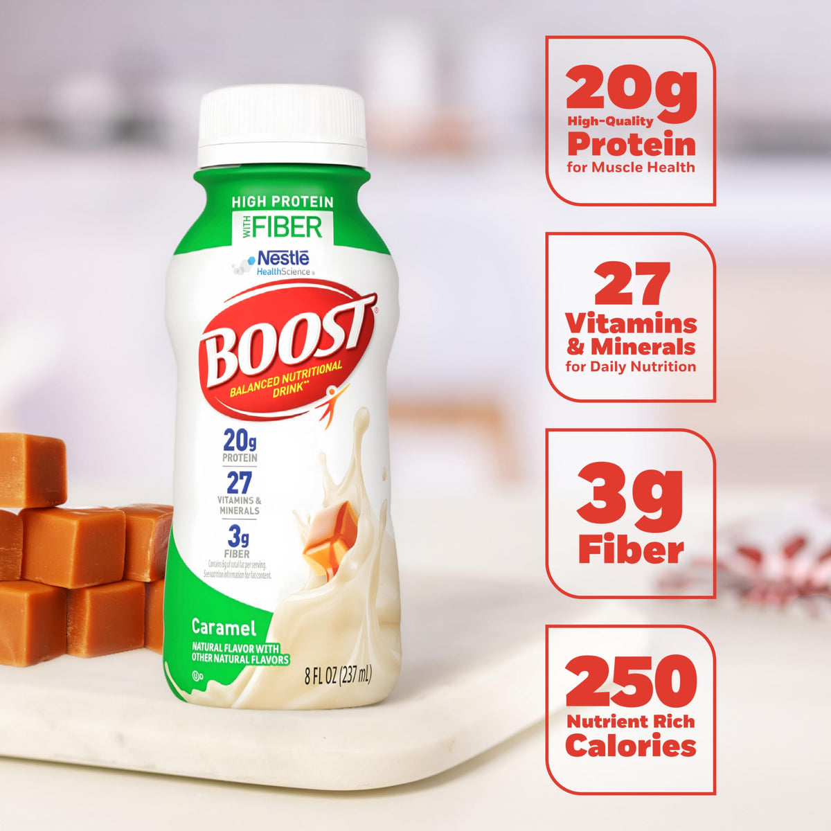 Shelf display of BOOST High Protein with Fiber gluten-free label and no artificial colors