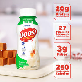 Shelf display of BOOST High Protein with Fiber gluten-free label and no artificial colors