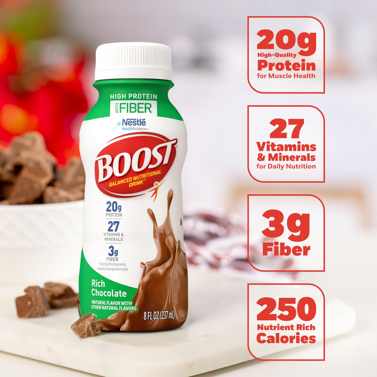 BOOST High Protein with Fiber ready-to-drink bottle front displaying grab-and-go nutrition.