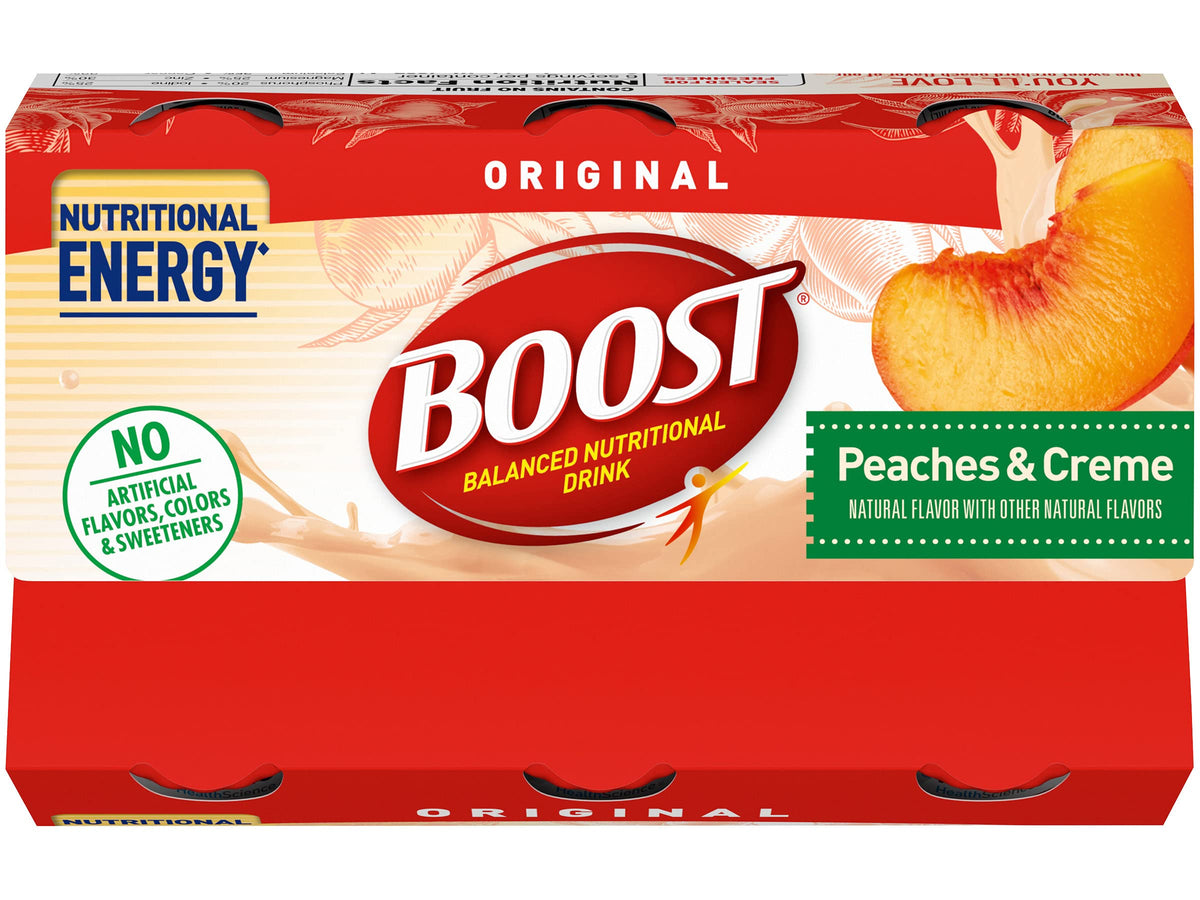 Close-up of BOOST Original nutrition panel showing protein and vitamins