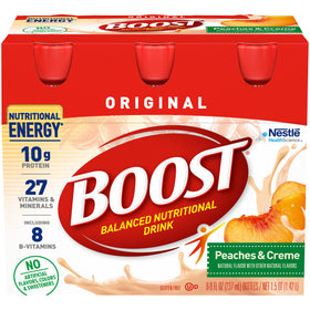 BOOST Original Peaches & Creme bottle highlights balanced nutrition for daily energy