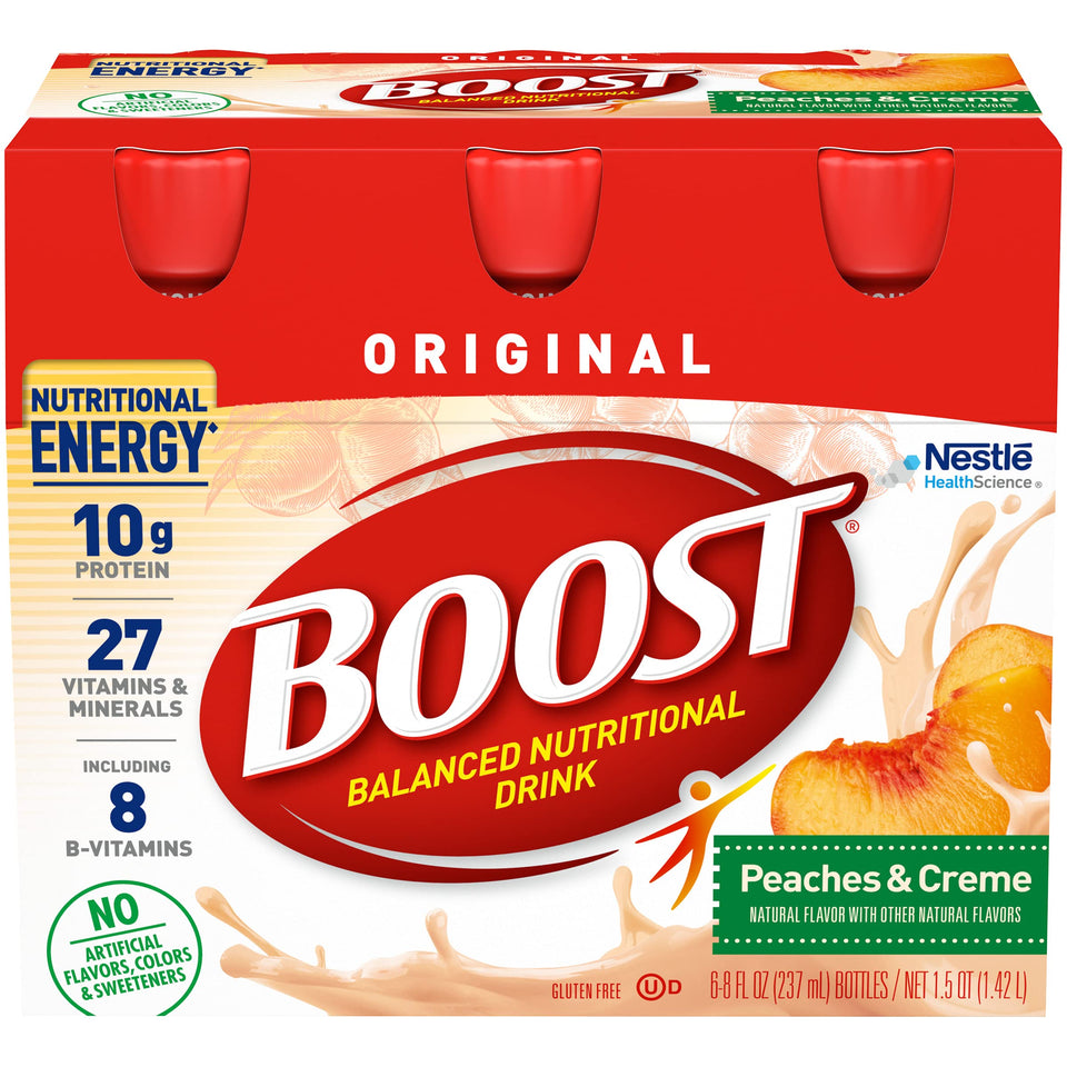 BOOST Original Peaches & Creme bottle highlights balanced nutrition for daily energy