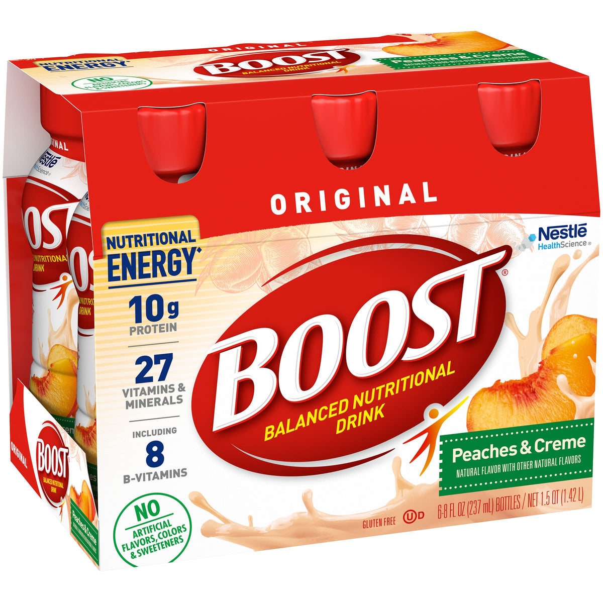 Pouring BOOST Original Peaches & Creme for a convenient morning energy boost