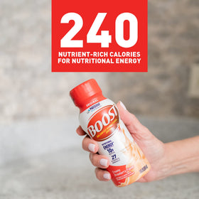 BOOST Original creamy strawberry cup demonstrates 8 oz convenient nutrition