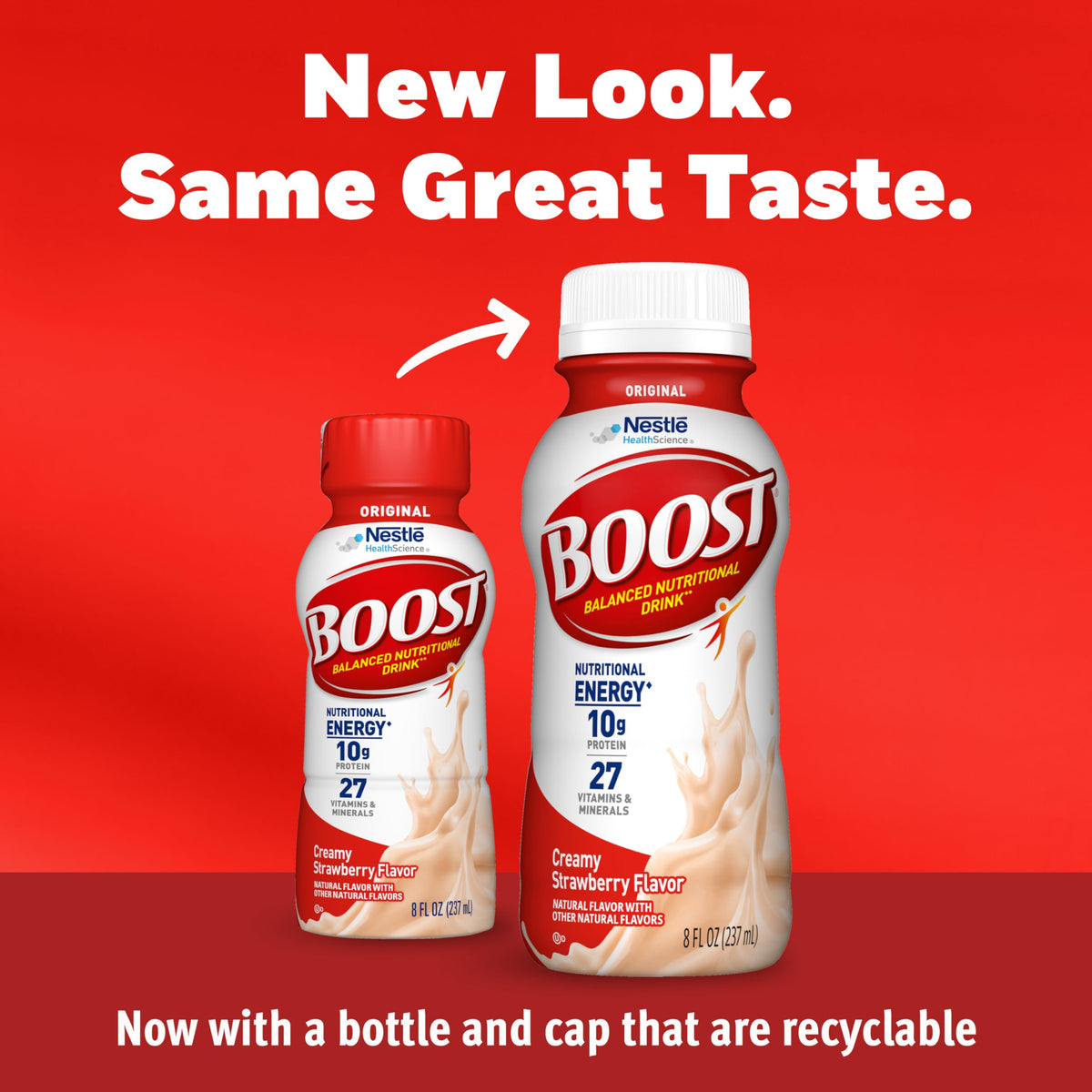 BOOST Original creamy strawberry label highlights 10 g protein per serving