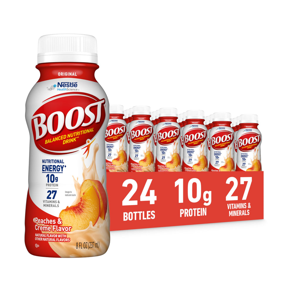 BOOST Original Peaches & Creme 8oz bottle for on-the-go nutrition.