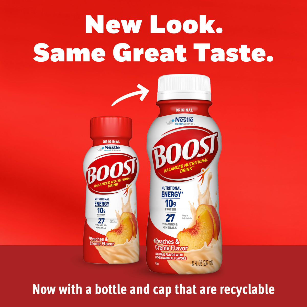 BOOST Original Peaches & Creme glass filled, ready-to-drink nutrition.