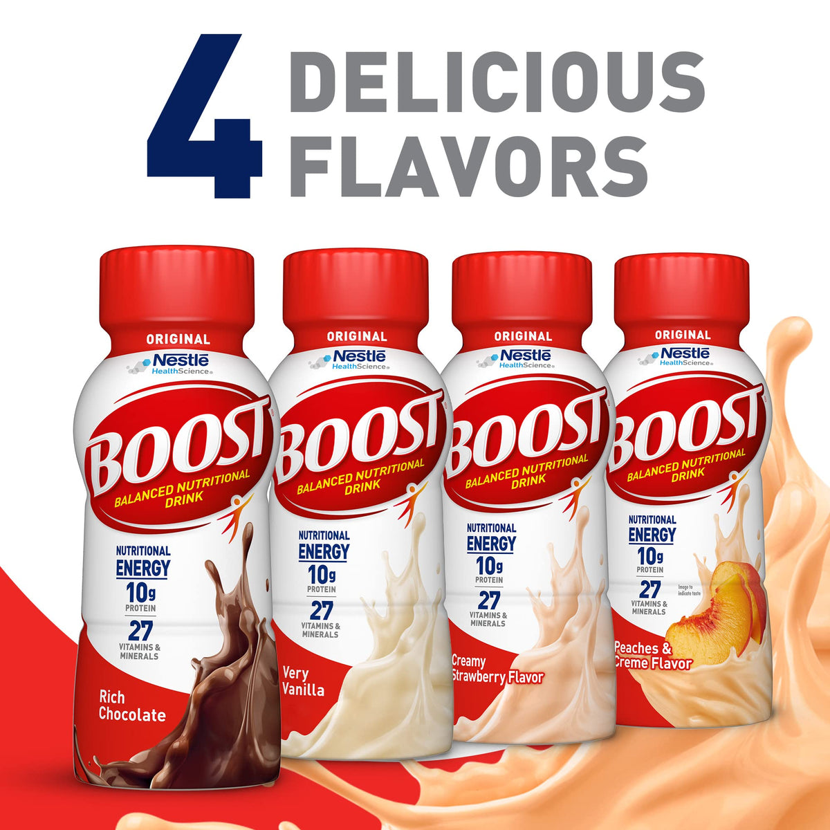 BOOST Original Peaches & Creme serving setup on kitchen counter.