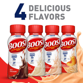 BOOST Original Peaches & Creme serving setup on kitchen counter.