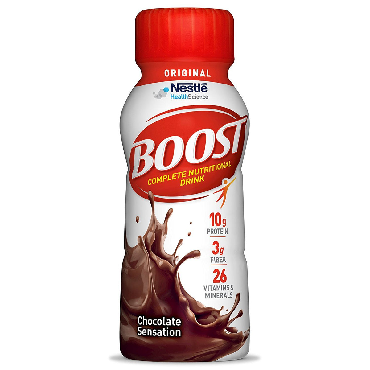 BOOST Original Rich Chocolate 8oz bottle front view for quick nutrition on the go.