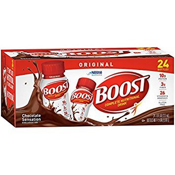 BOOST Original Rich Chocolate 8oz bottle nutrition panel emphasizes vitamins and minerals.