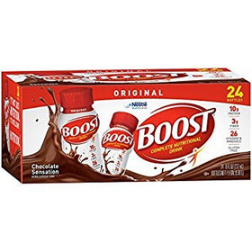 BOOST Original Rich Chocolate 8oz bottle nutrition panel emphasizes vitamins and minerals.