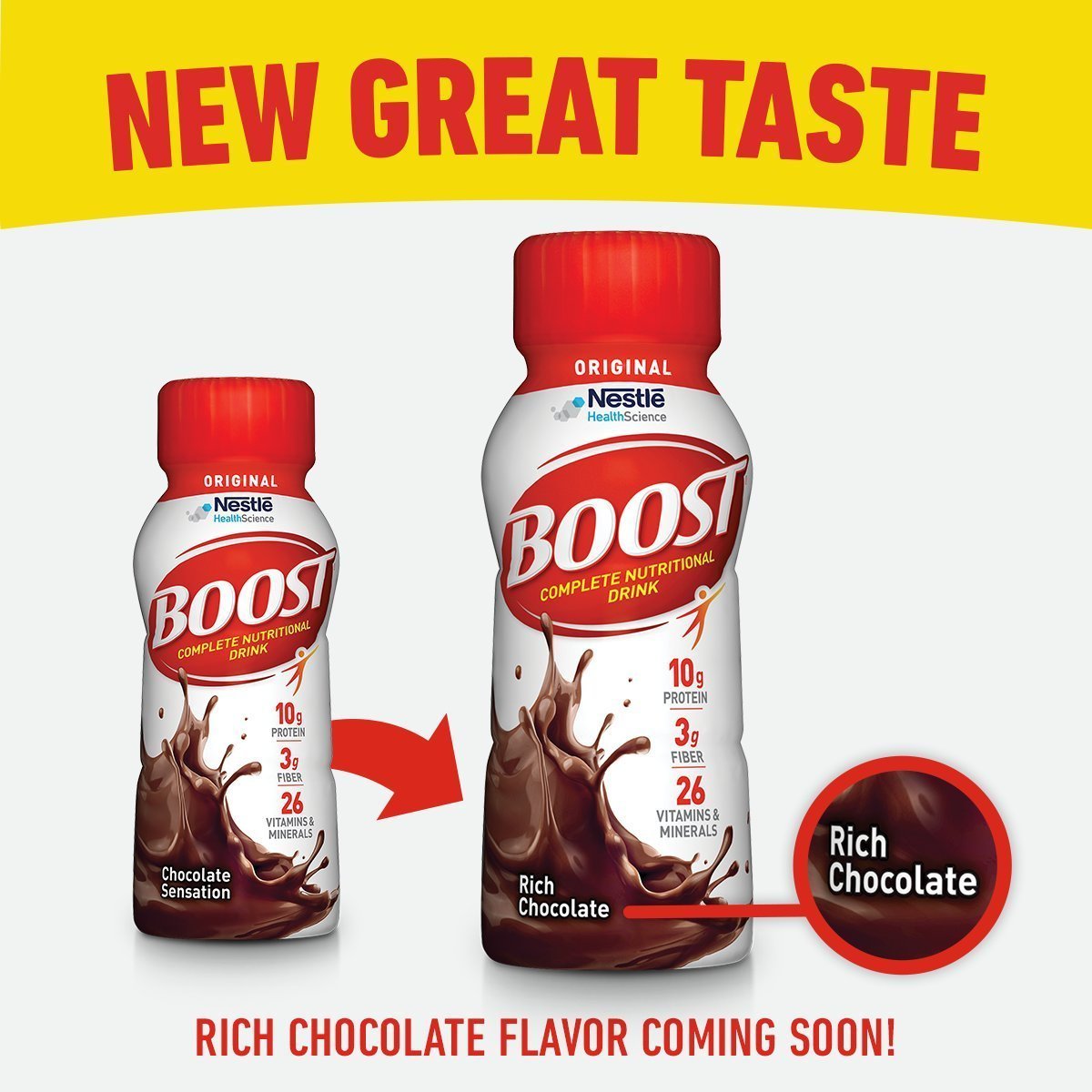 BOOST Original Rich Chocolate 8oz bottle side angle highlighting protein content.