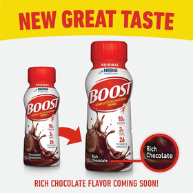 BOOST Original Rich Chocolate 8oz bottle side angle highlighting protein content.