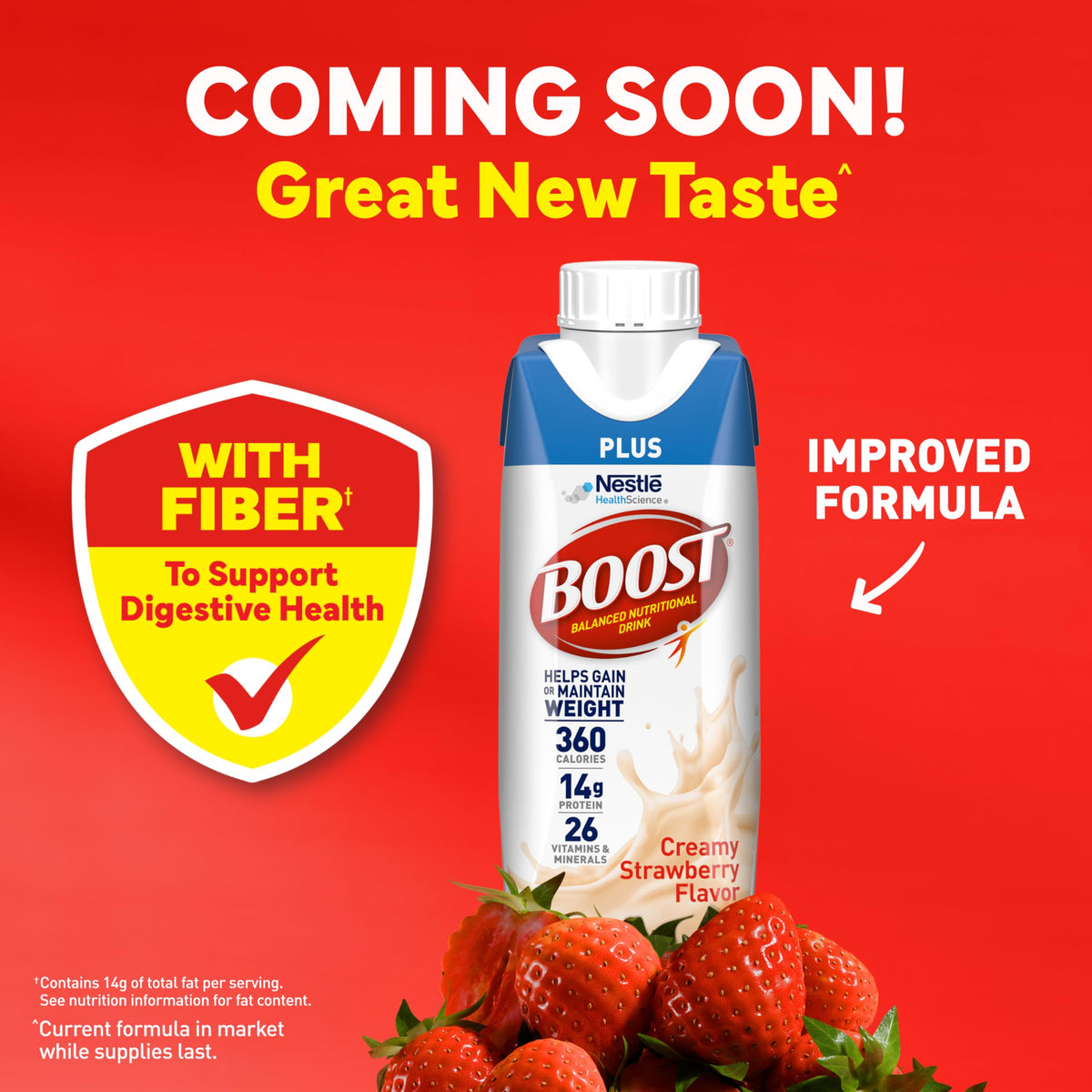BOOST Plus Creamy Strawberry bottle pour shows on-the-go convenience.