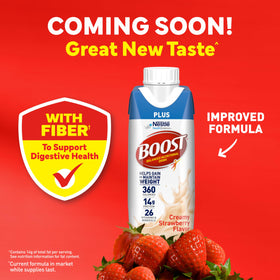 BOOST Plus Creamy Strawberry bottle pour shows on-the-go convenience.