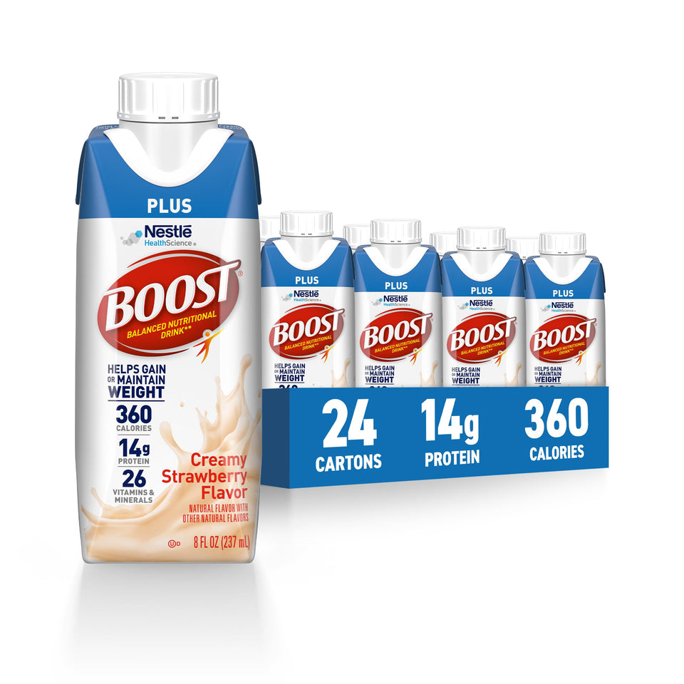 BOOST Plus Creamy Strawberry carton highlights 360 calories for energy.