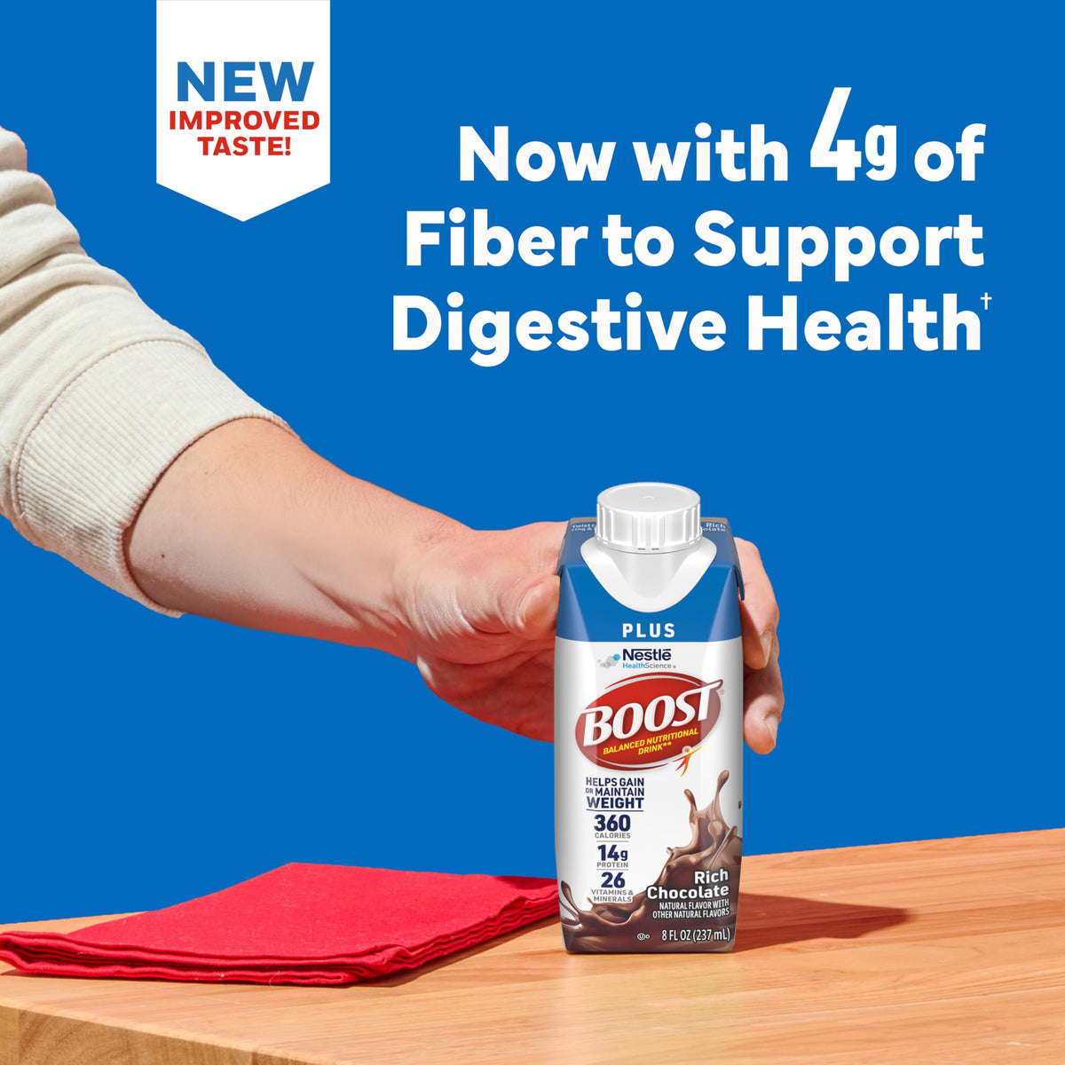 BOOST Plus glass serving illustrates tasty, satisfying nutrition ready to drink