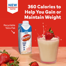 BOOST Plus nutrition facts label lists 14g protein and 4g fiber.