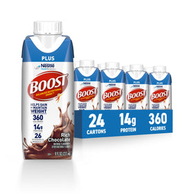 BOOST Plus Rich Chocolate bottle showing 360 calories per serving for energy and weight goals