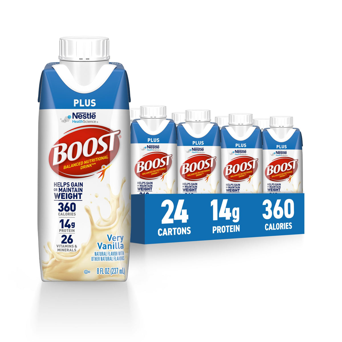 BOOST Plus Vanilla bottle front, a high-calorie protein shake for weight gain or maintenance.