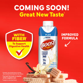 BOOST Plus Vanilla bottle being poured, convenient on-the-go nutrition.
