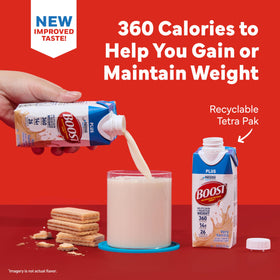 BOOST Plus Vanilla nutrition facts panel highlights 360 calories and 14 g protein per serving.