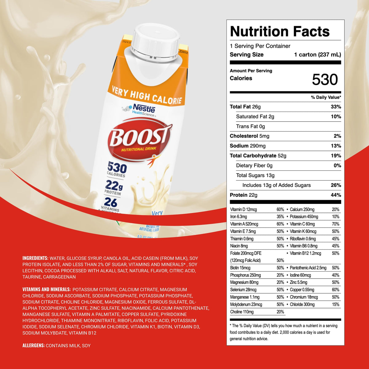 BOOST Vanilla drink label shows 530 calories and 22 g protein for muscle support.