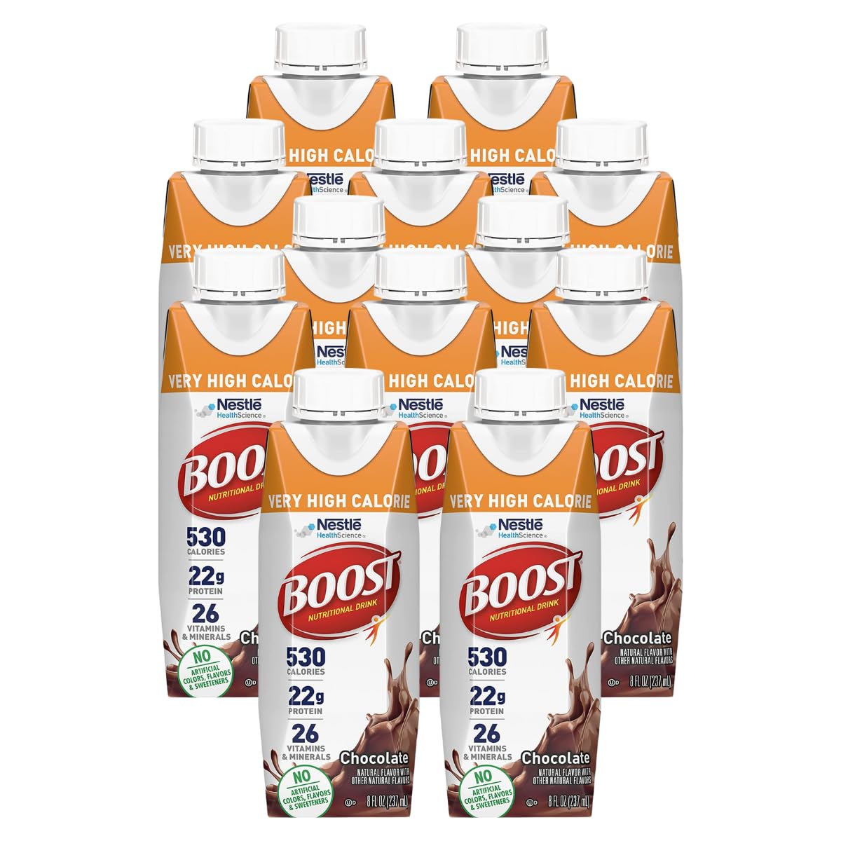 BOOST Very High Calorie chocolate bottle shows a dense, energy-rich option.