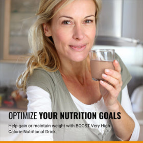 BOOST Very High Calorie Drink 8oz portion close-up highlighting protein content.