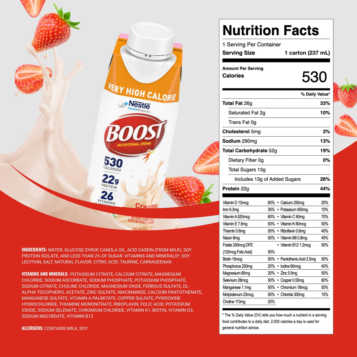 BOOST Very High Calorie Drink bottle with strawberry flavor, creamy texture for daily nourishment.