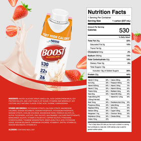 BOOST Very High Calorie Drink bottle with strawberry flavor, creamy texture for daily nourishment.
