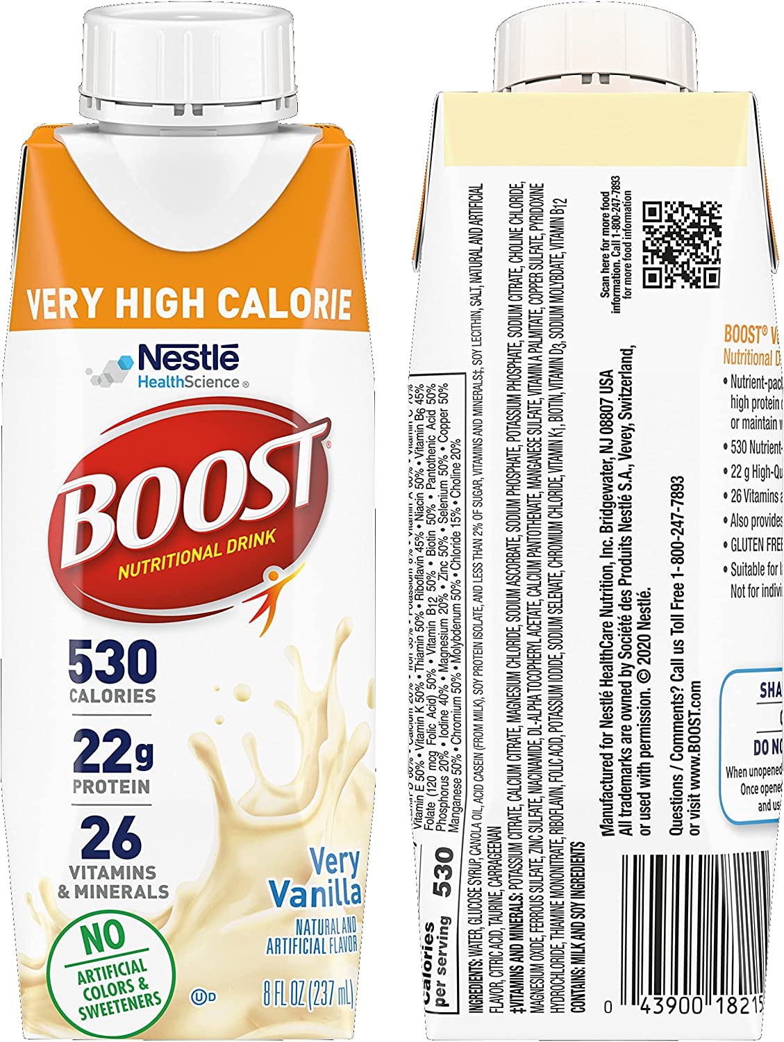 BOOST Very High Calorie Drink chocolate bottle conveys rich flavor with dense nutrition for meal moments.
